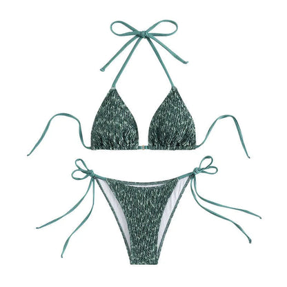Women's green backless halter strap bikini set showing front and back views
