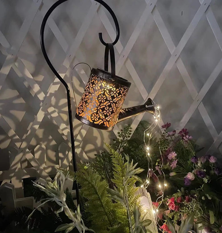 Solar-powered Enchanted Watering Can Garden Light with LED lights and hollow-out iron design