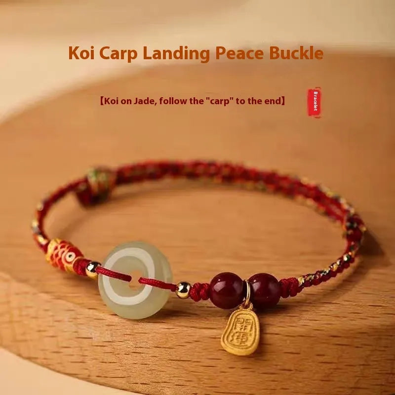 Hetian jade peace buckle bracelet with 10mm beads on red braided rope