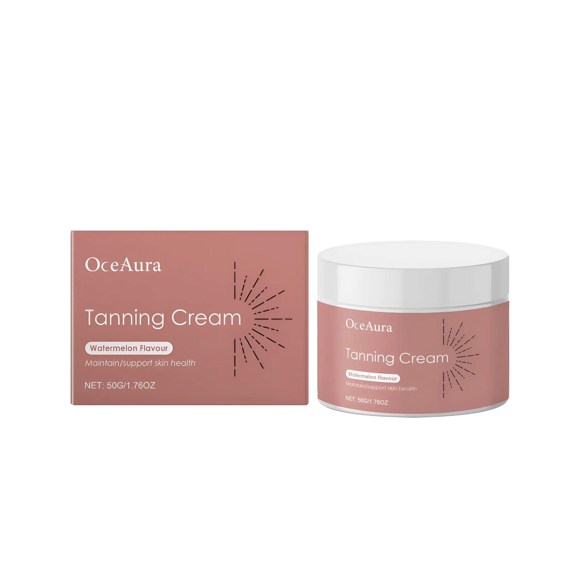 60ml bottle of tanning cream with separate nursing cream and a pair of white bath gloves on a light background.