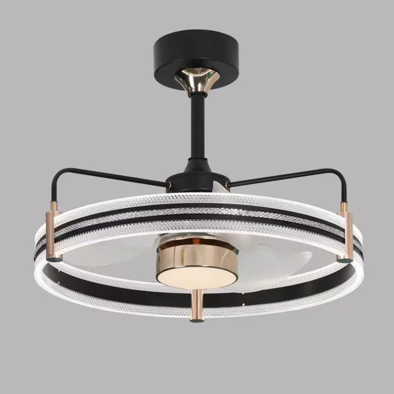 Modern minimalist fan lamp with remote control showing black finish and acrylic shade