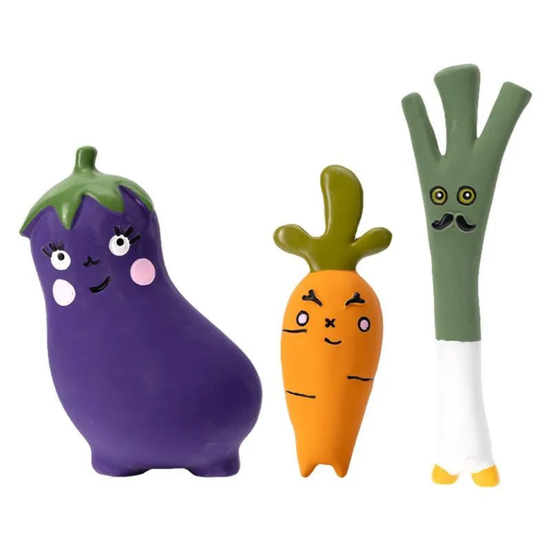 Cartoon onion and eggplant latex dog chew toy in green, orange, or purple colour options.