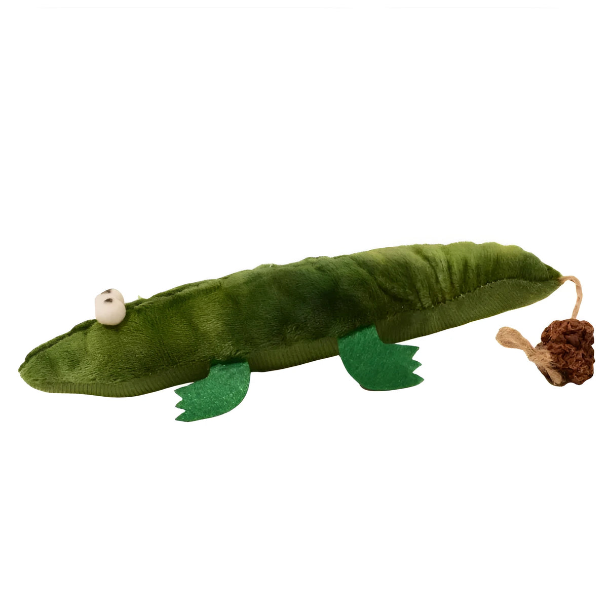 Green fabric plush alligator cat toy with catnip and peppermint scent for oral care.