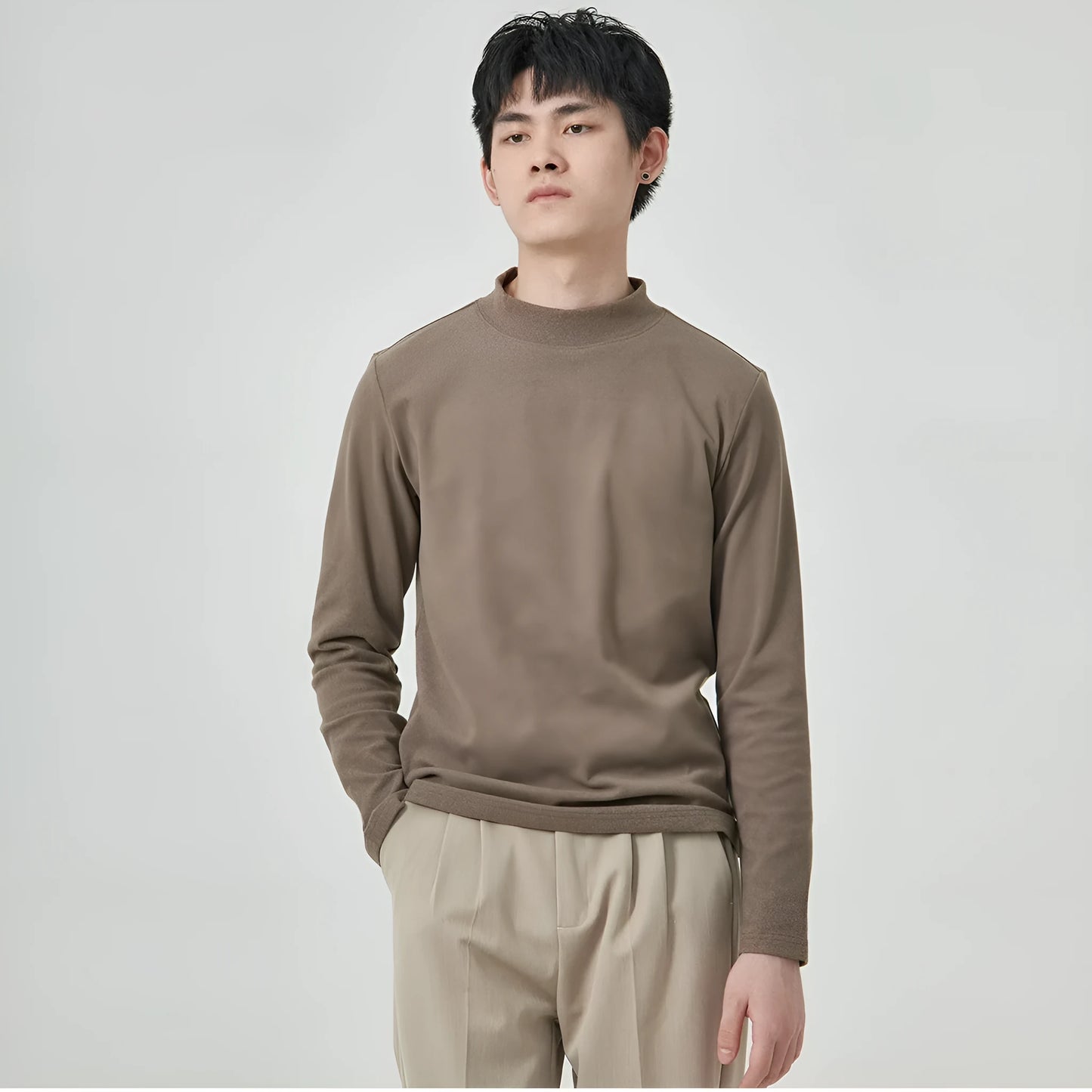 Men's brown half-high collar long sleeve t-shirt in Dralon fabric for autumn winter wear