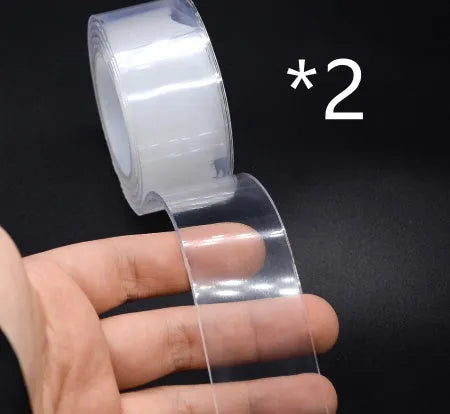 Roll of washable PU nano gel double-sided adhesive tape in various width options on a white background.