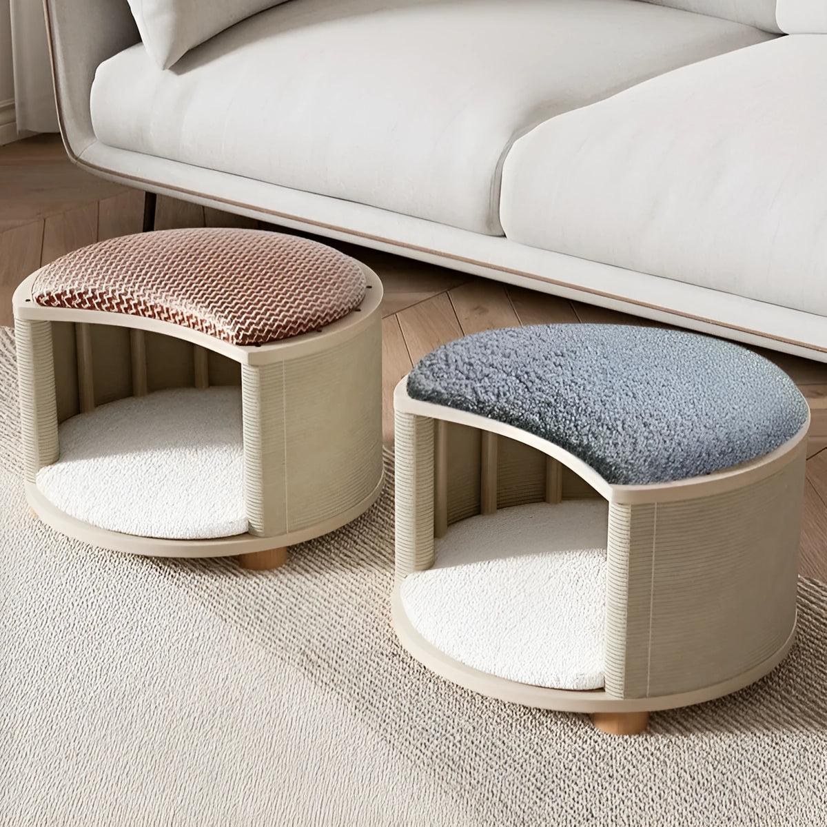 Solid wood cat nest with reversible summer mat and plush cushion, available in grey, white, plaid, and warm orange