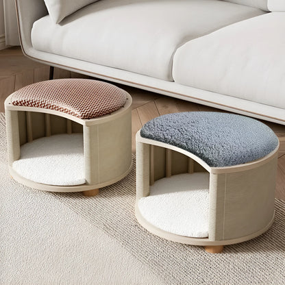 Solid wood cat nest with reversible summer mat and plush cushion, available in grey, white, plaid, and warm orange