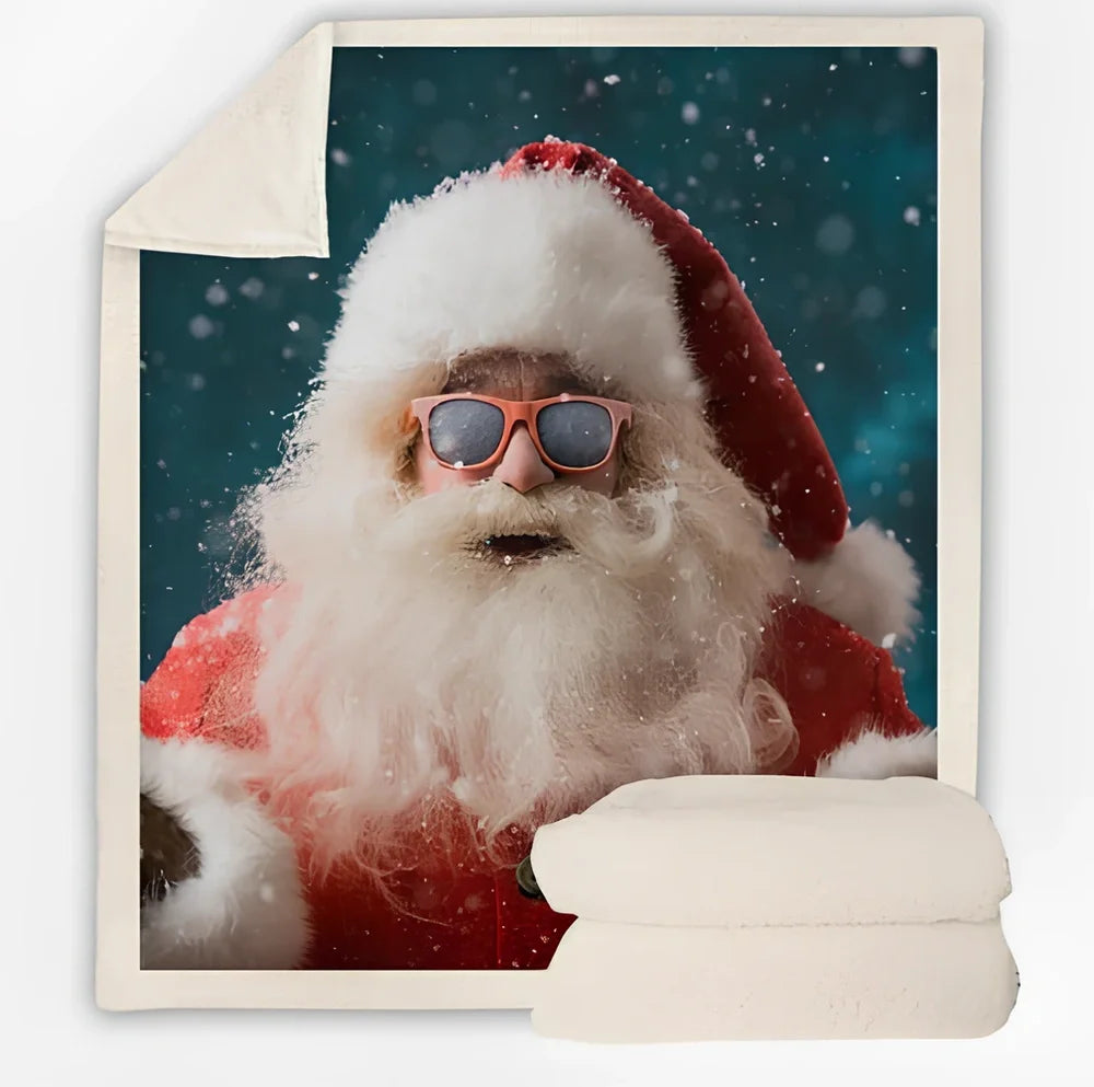 Christmas pattern coral fleece blanket on sofa showing HD printing detail and modern minimalist design