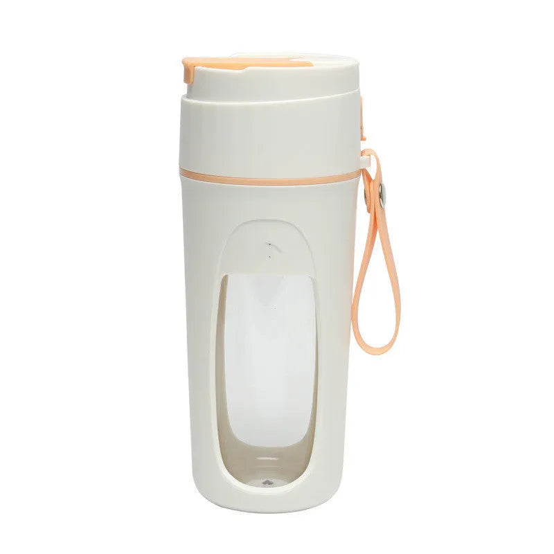 USB rechargeable portable blender cup with borosilicate glass liner in fresh orange, grass green, and light purple colours.