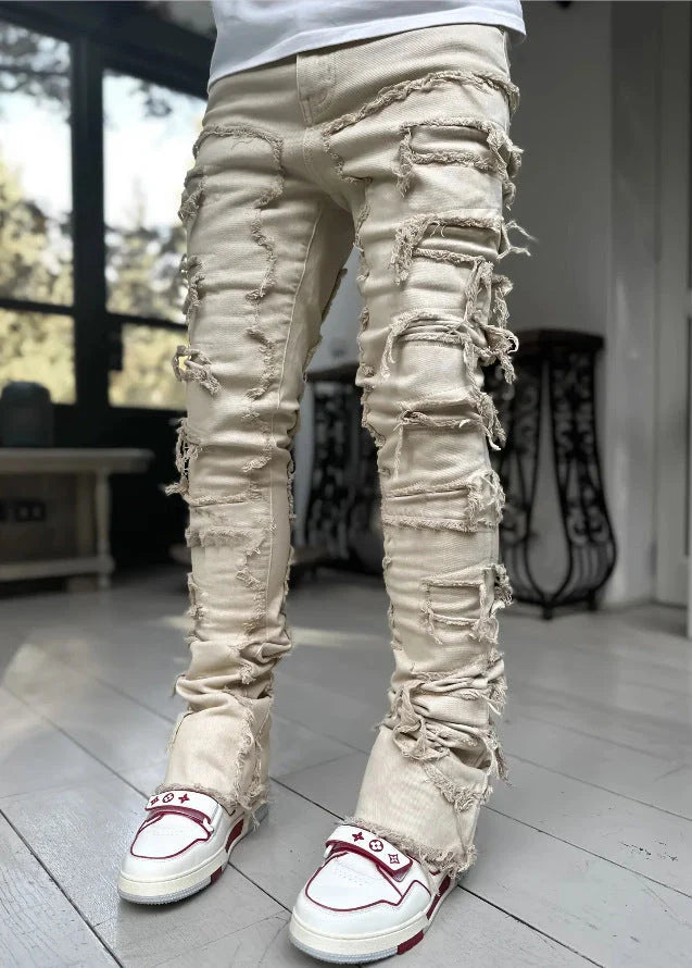 Men's slim-fit cotton jeans with unique patched design in various classic colors
