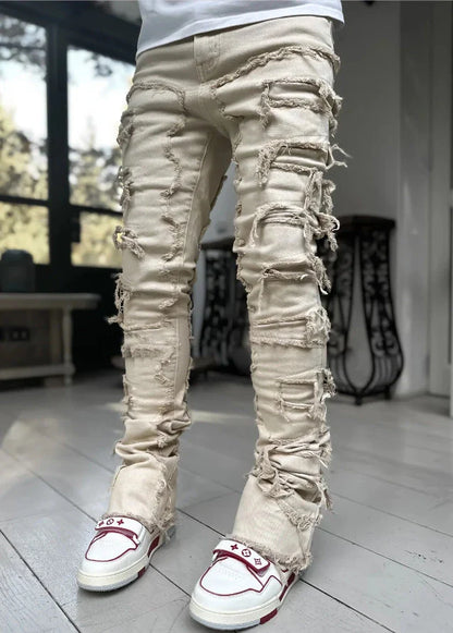 Men's slim-fit cotton jeans with unique patched design in various classic colors
