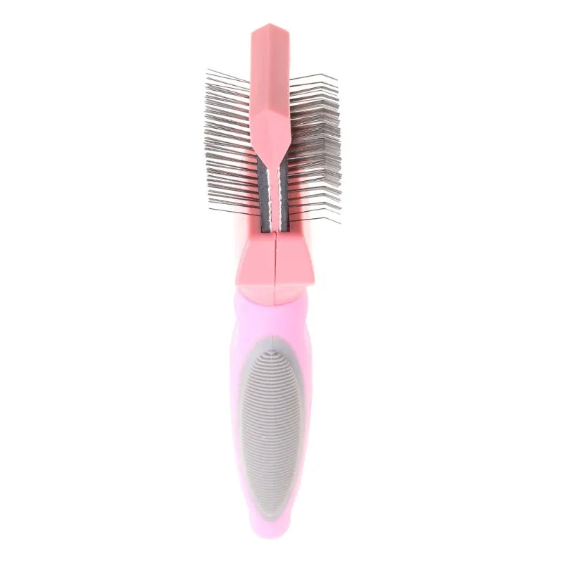 Blue double-sided pet brush for dogs and cats with stainless steel pins on a wooden table