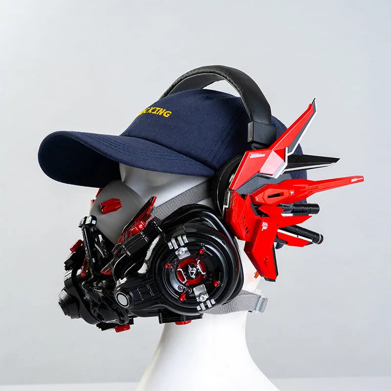 Men's wireless Bluetooth headphones with tech mecha design in red, blue, pink, and white colour options