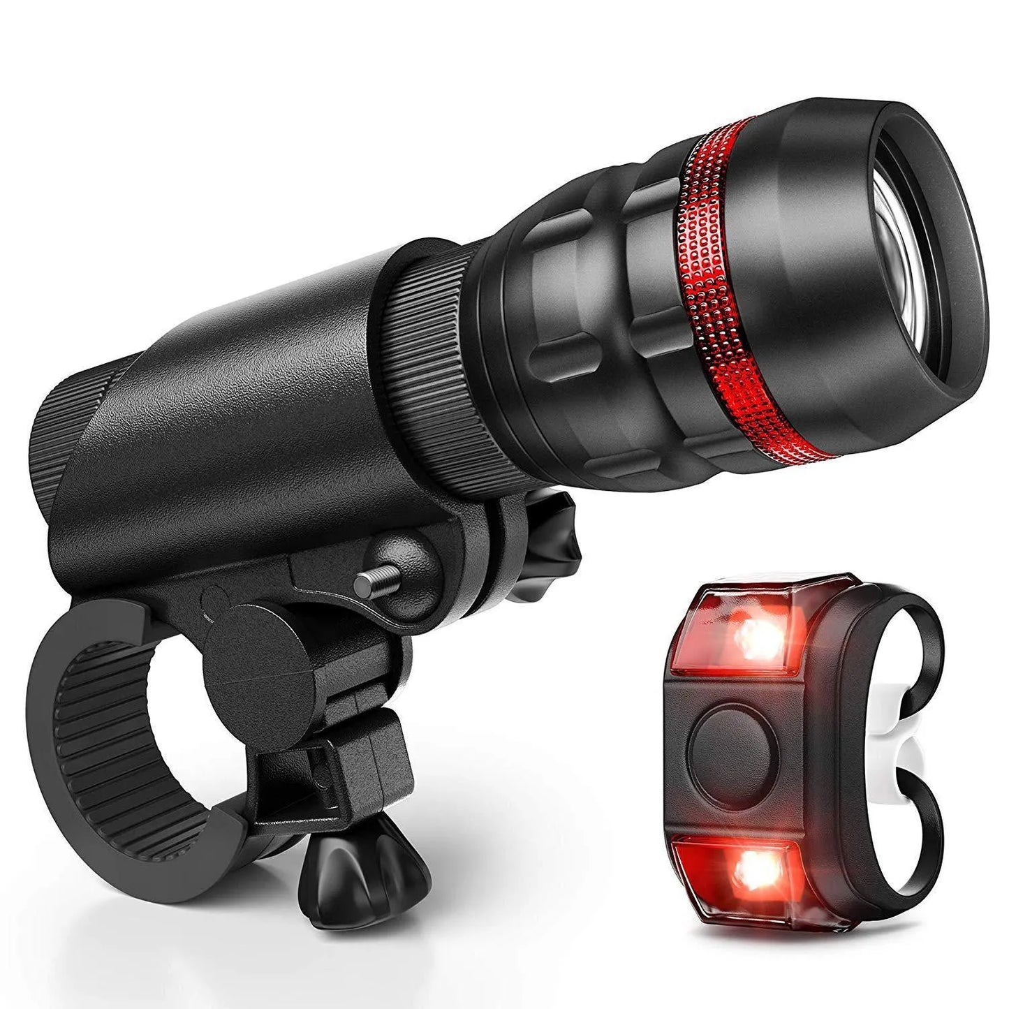 Bicycle front headlight and red rear taillight set with mounting brackets on a bike handlebar and seatpost.