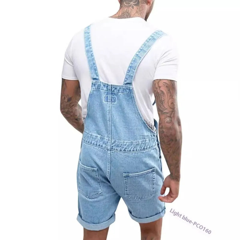 Youth casual denim suspender trousers with medium-stretch fabric for teenage boys in straight-leg short length, mid-waist fit with zipper fly, available in black, blue, or grey European-American style summer pants in sizes M L XL XXL.