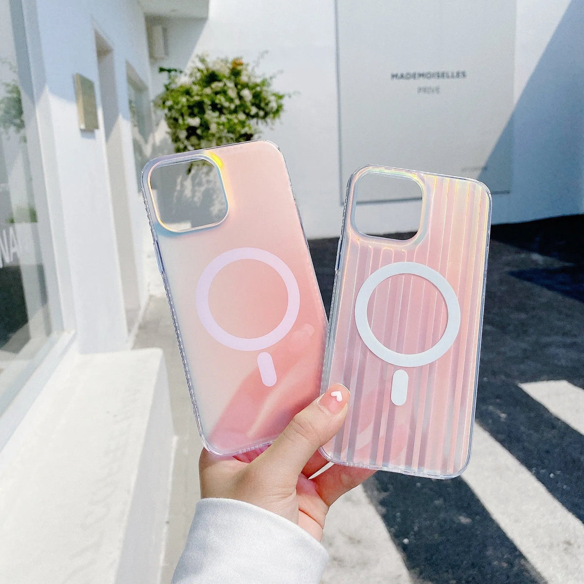 Transparent frosted magnetic iPhone case for iPhone 14 Pro Max, 13 Pro Max, 12 Pro Max, made from TPU and PC with wavy pattern.