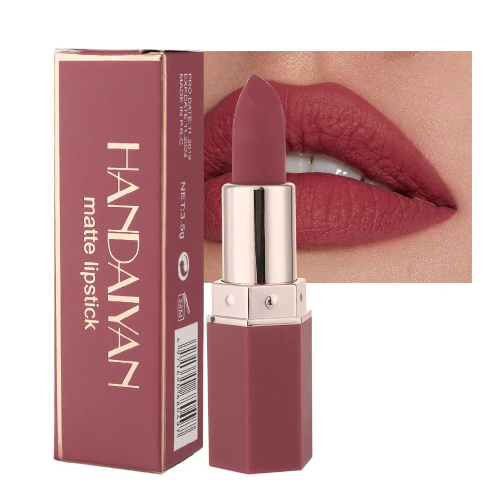 HANDAIYAN matte nourishing lipstick in six colours showing 3.5cm length and 1.2cm diameter bullet
