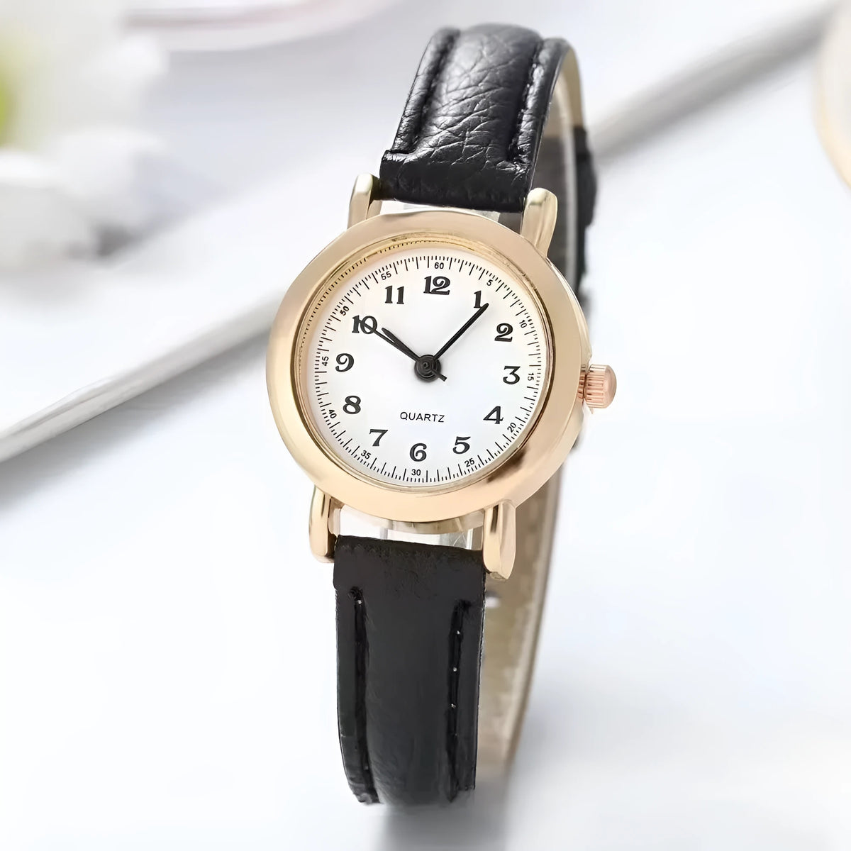 Retro round watch with 26mm dial, 8mm alloy case, and imitation leather strap with pin buckle