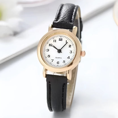 Retro round watch with 26mm dial, 8mm alloy case, and imitation leather strap with pin buckle