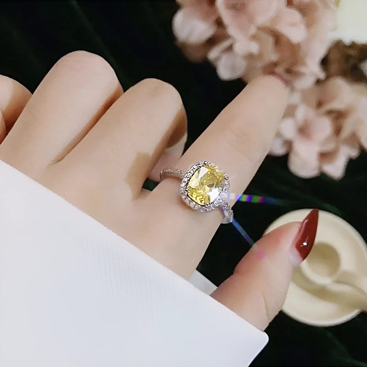 Women's silver colour alloy ring with artificial gemstone inlay and geometric design, bridal style.