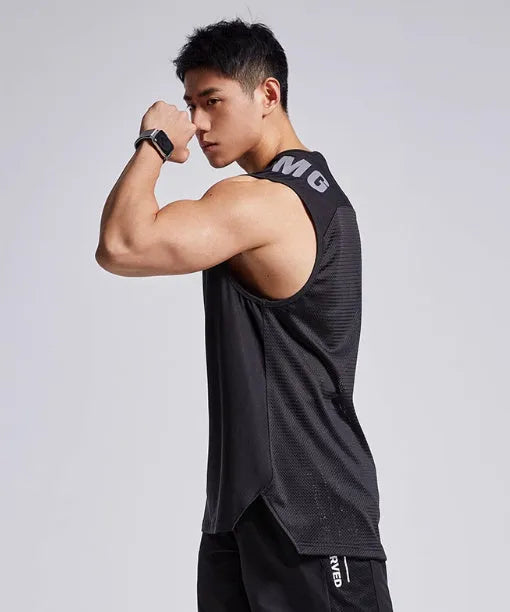 Men's loose fit black mesh sports vest for running and gym workouts, showcasing the lightweight fabric.