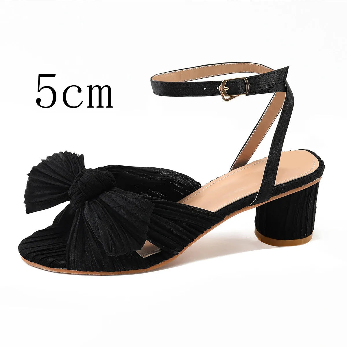 Satin bowknot fish mouth high heel sandals with thick heel and buckle fastening in black