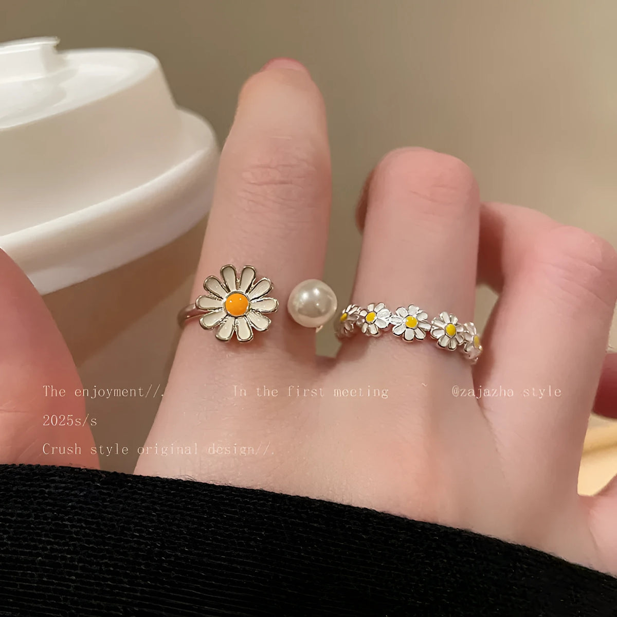 Women's copper opening sweet twin ring set showing little daisy pearl and little daisy ring designs