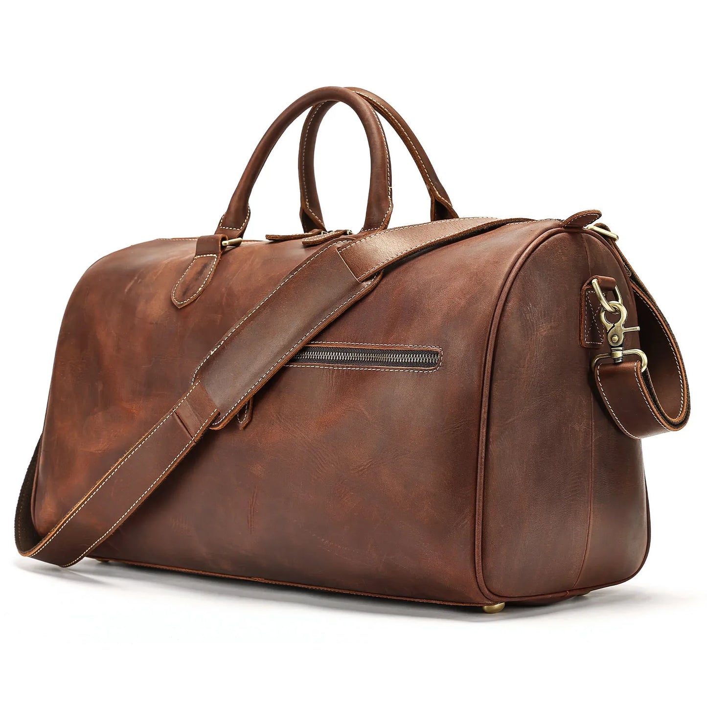 Men's vintage-style genuine leather crossbody bag in black, shown with spacious main compartment.