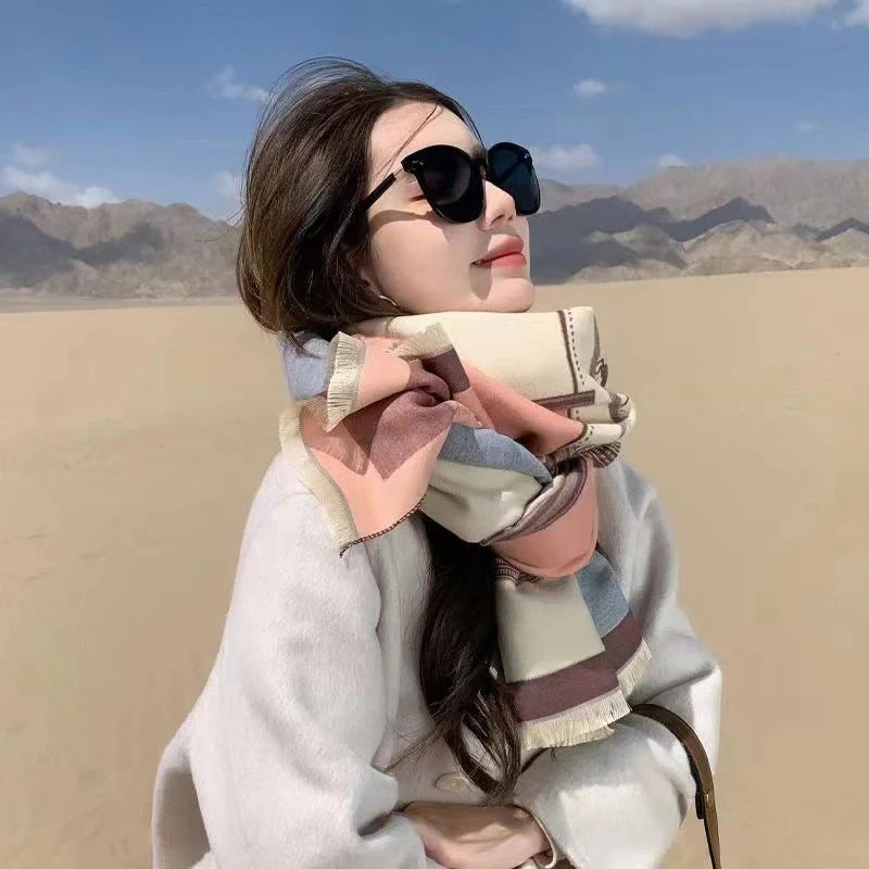 Stylish Korean contrast colour artificial cashmere scarf for women, perfect for winter warmth and fashion.