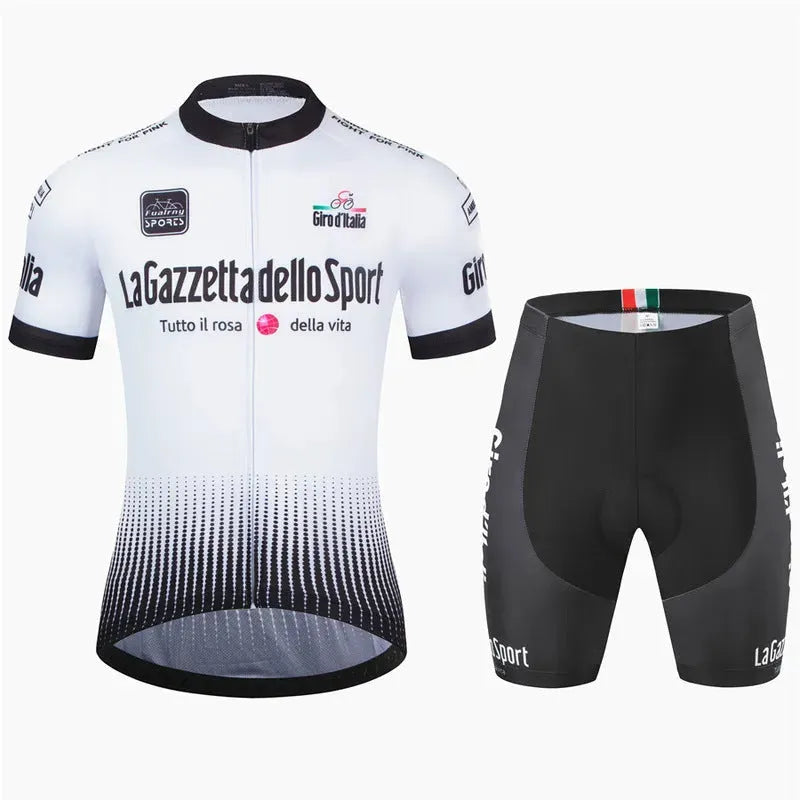 Short sleeve cycling suit in a patterned design, shown in a colour variant, for summer road biking.