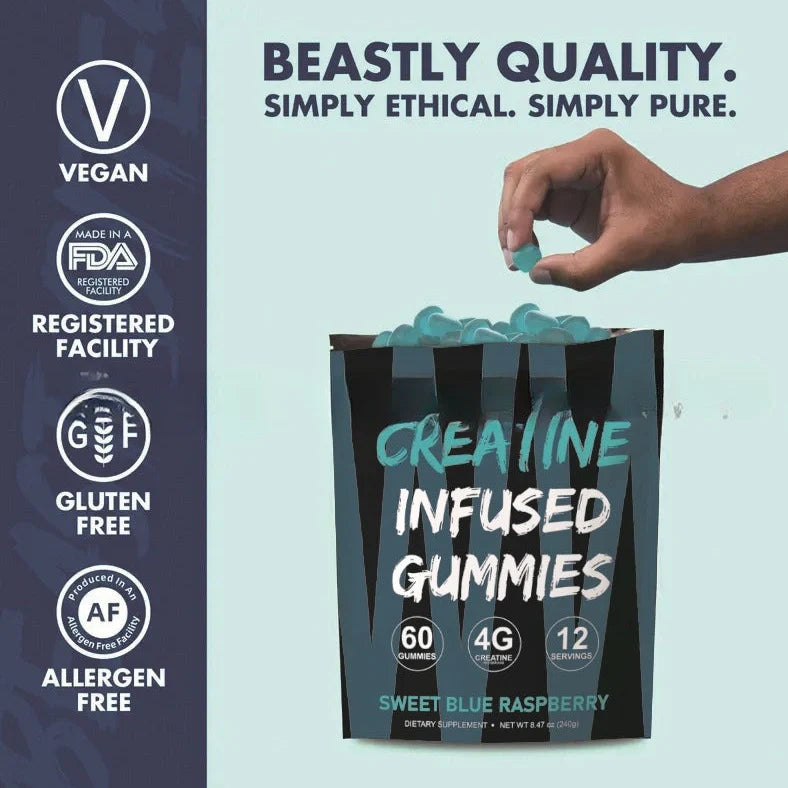 Box of 60 creatine monohydrate gummy nutritional supplements with room temperature storage