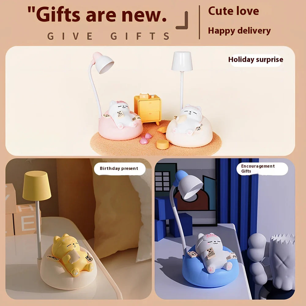 Sleeping cat shaped night lamp measuring 84x84x152mm with USB charging port and soft LED lighting