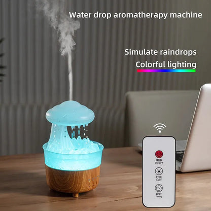 Wood grain white cloud-shaped humidifier with LED lights and water drip display