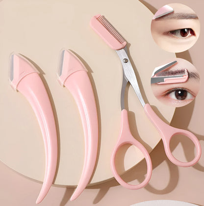 A curved moon-shaped eyebrow trimming knife and a cutting comb on a white background.