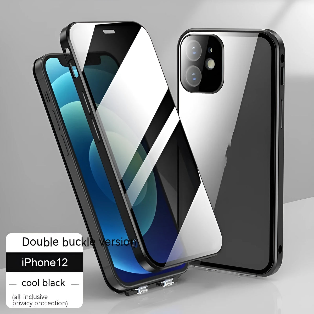 Glass phone case with double-sided buckle for Apple iPhone in multiple colours.