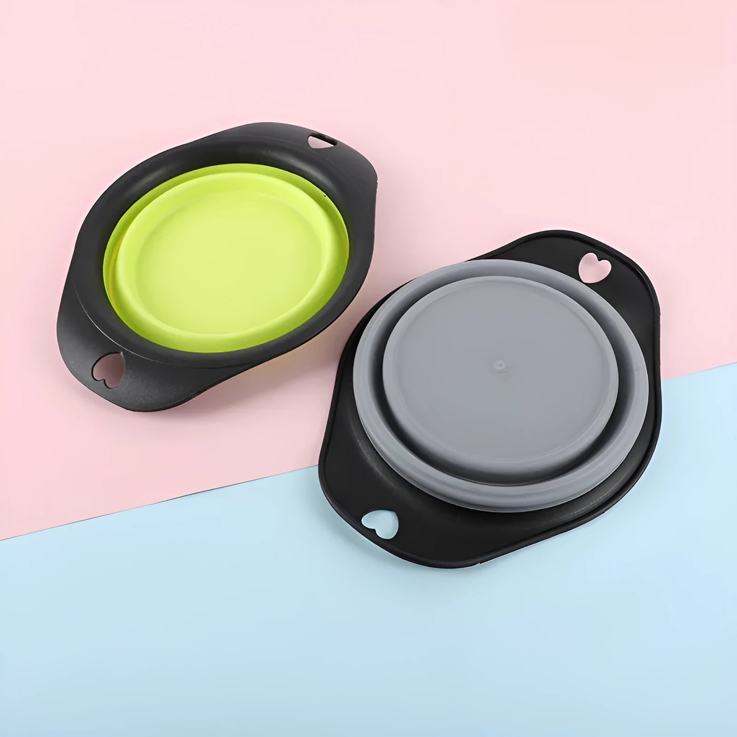 Green silicone pet bowl shown in its full size and collapsed flat for storage.