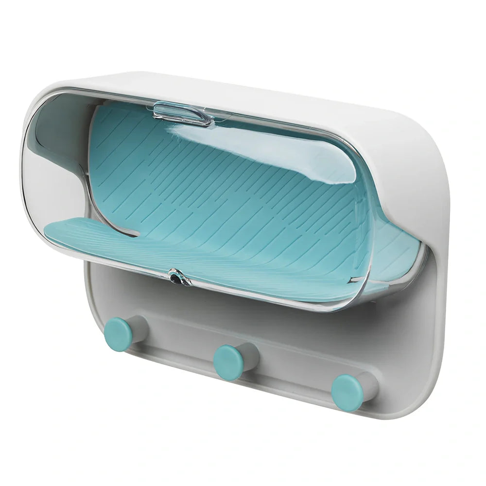 Grey punch-free bathroom storage box mounted on wall with transparent lid showing glasses inside
