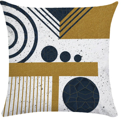 Geometric pattern throw pillow on office sofa showing 45x45cm size with ultra-flexible printing