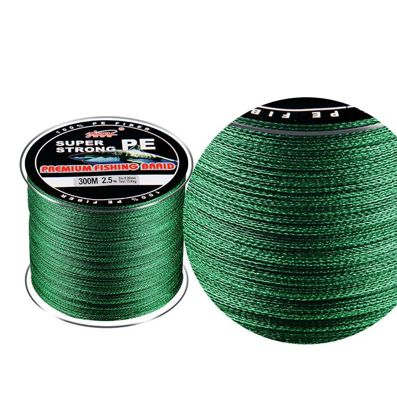 Spool of Dali Mayu 300 metre PE fishing line showing multiple colour options and line number thickness choices.