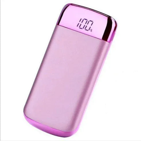 Square aluminium power bank with digital display and multiple USB ports in pink colour.