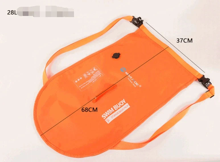 Double airbag swimming buoy backpack in fluorescent orange, showcasing its dual airbags and waterproof storage compartment.