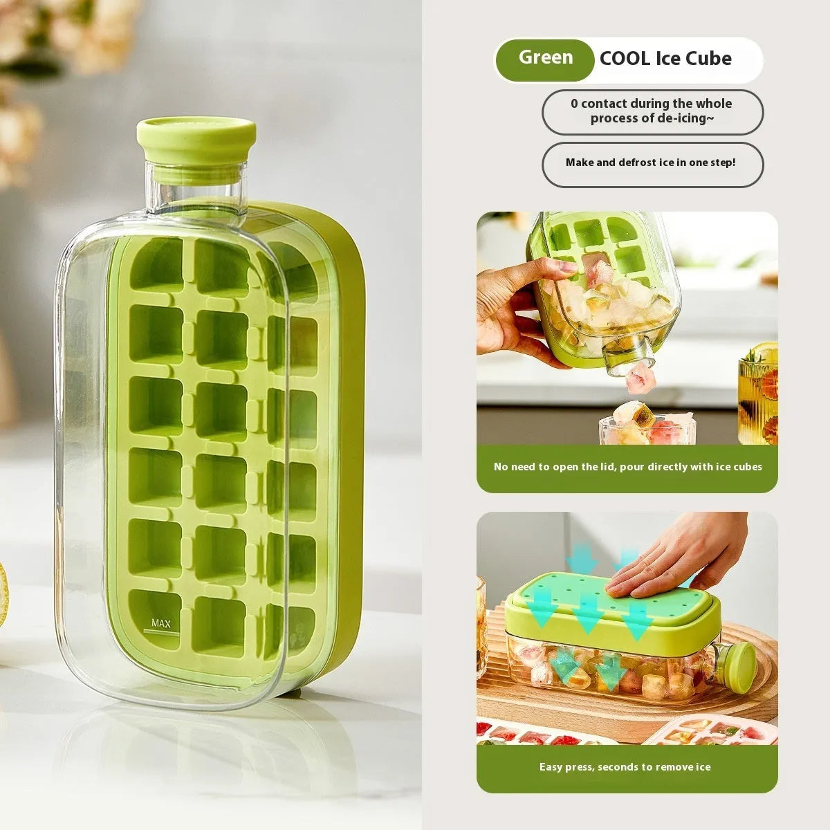 Portable instant ice maker cup in green colour with straw, showing one-click molding mechanism.