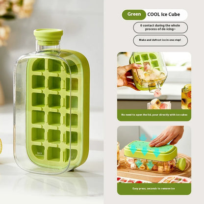 Portable instant ice maker cup in green colour with straw, showing one-click molding mechanism.
