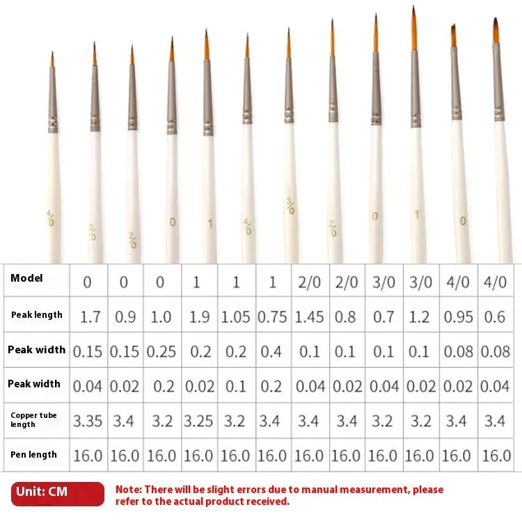 Set of 12 pearl white nylon wool hook line art brushes in a solid wood pen holder.