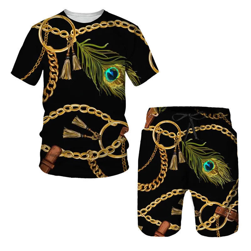 Man wearing a chain pattern digital printed short sleeve T-shirt with matching shorts, summer leisure set.