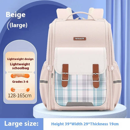 Durable Oxford cloth school backpack for students, shown in a choice of colours like navy blue, pink, and beige.