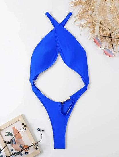 Women's solid colour one-piece swimsuit in black or blue polyester fabric