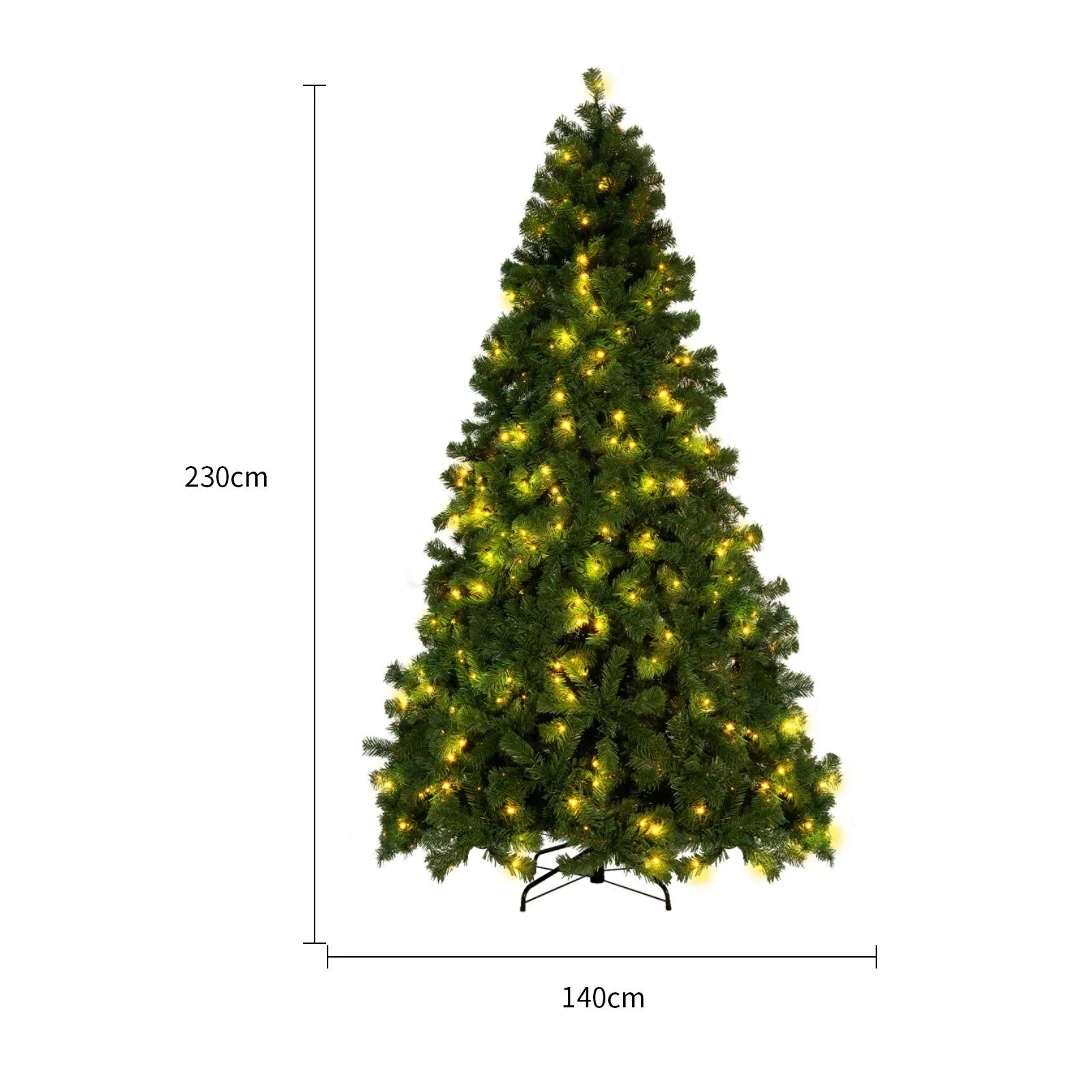 Green and white snow-dusted artificial Christmas tree on a metal stand, showing detailed PVC branches.