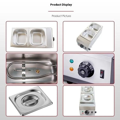 Commercial electric chocolate melting machine with digital thermostat and stainless steel pot.