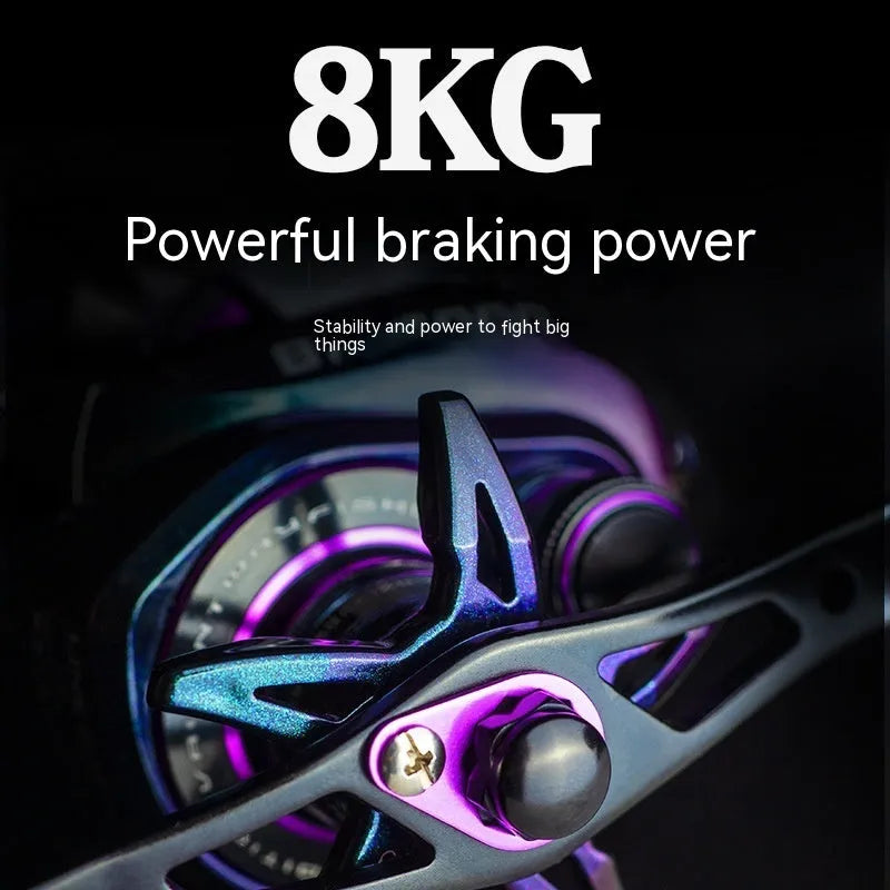 Colourful BM2000 spinning fishing reel with magnetic brake, shown in left and right-hand retrieve models.